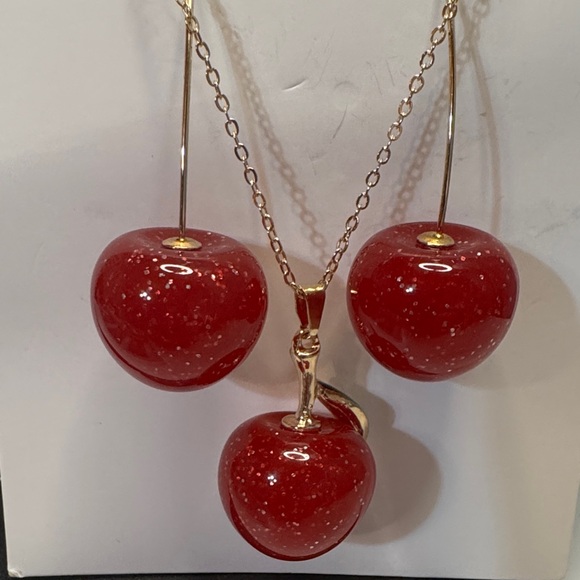 Jewelry - Charming Red Cherry Necklace and Earrings Set